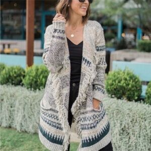 CAbi 3701 Shetland Geometric Striped Fringed Open Cardigan S